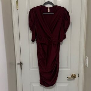 Chic Mid-Sleeve, Side Ruffles Burgundy Dress